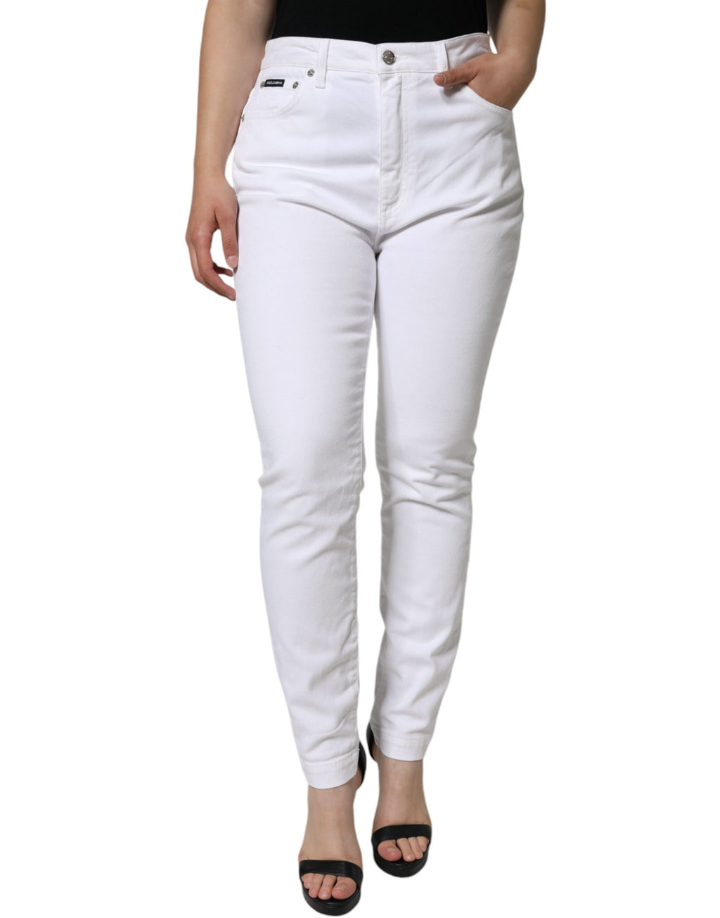 Jeans skinny en coton stretch blanc Dolce & Gabbana Audrey, coupe ajustée et moderne, visibles en gros plan.