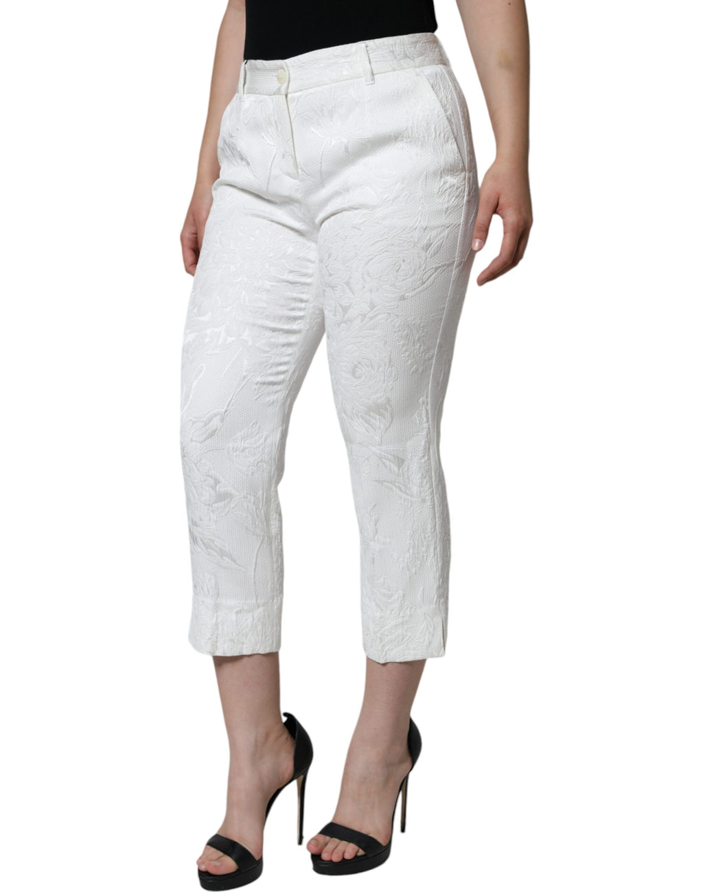 Pantalons cropped en coton blanc à brocart floral Dolce & Gabbana, style élégant et moderne.