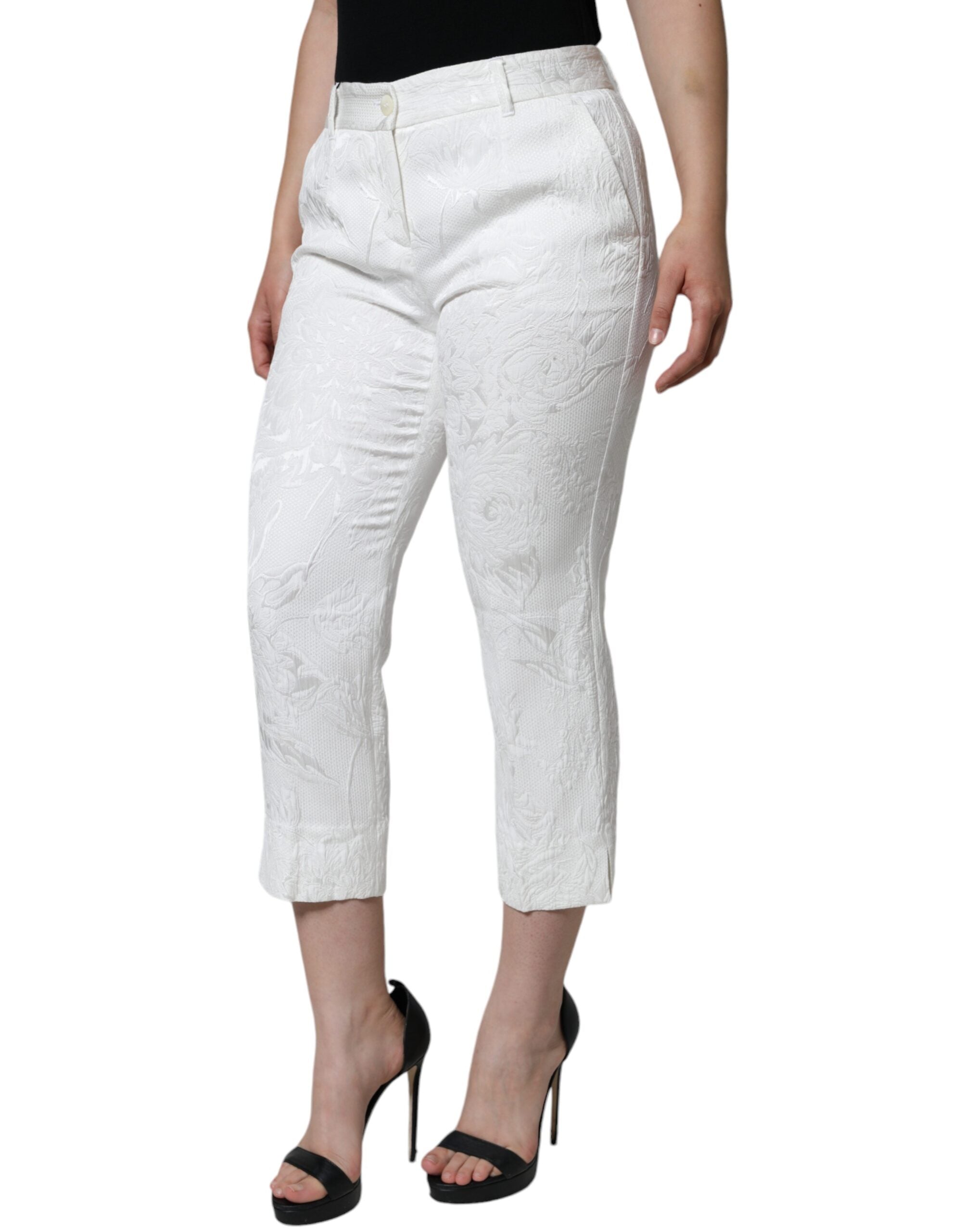 Pantalons cropped en coton blanc à brocart floral Dolce & Gabbana, style élégant et moderne.