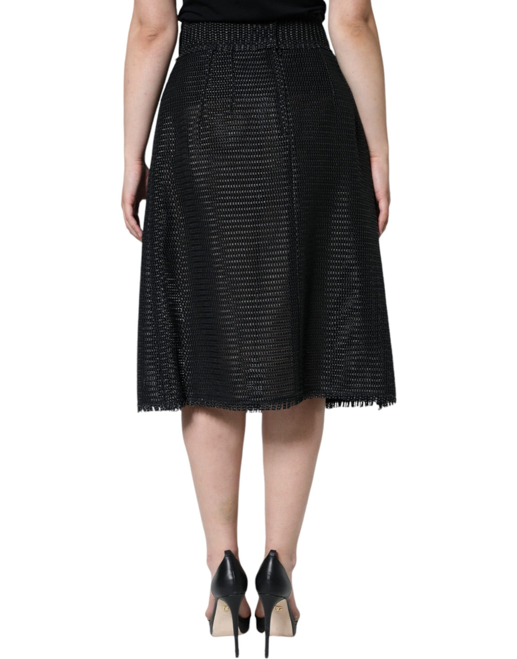 Jupe crayon noire en viscose à taille haute de Dolce & Gabbana, visible avec coupe élégante et tissu fluide.