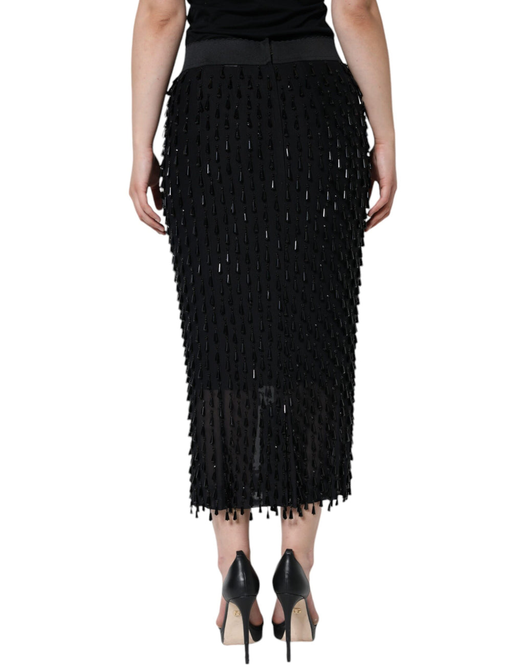 Jupe midi noire Dolce & Gabbana à coupe crayon ornementée avec détails embellis, vue de face.