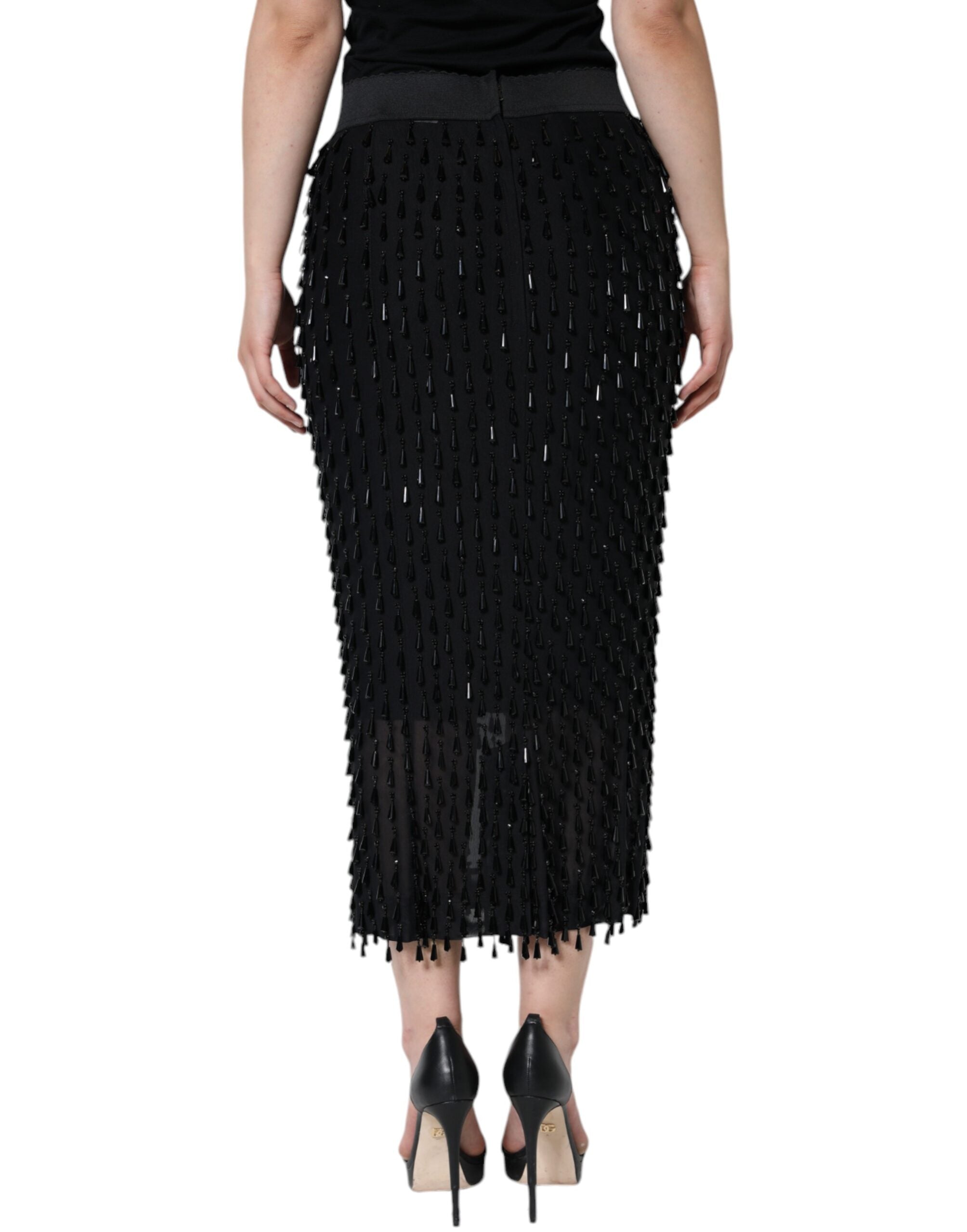 Jupe midi noire Dolce & Gabbana à coupe crayon ornementée avec détails embellis, vue de face.