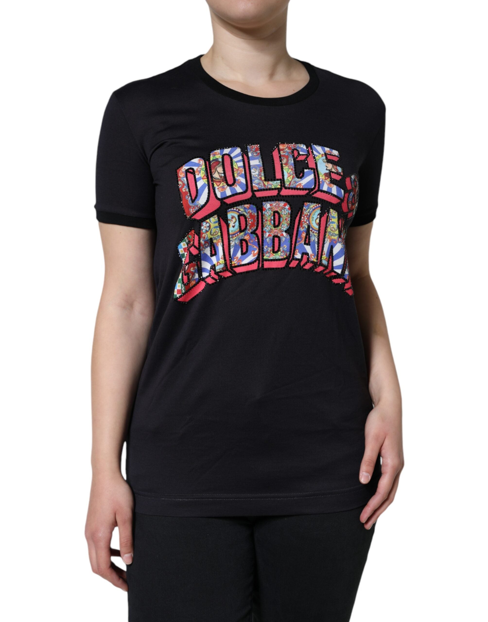 T-shirt rond noir en coton Dolce & Gabbana avec logo imprimé, style décontracté et logo distinctif visible sur le devant.