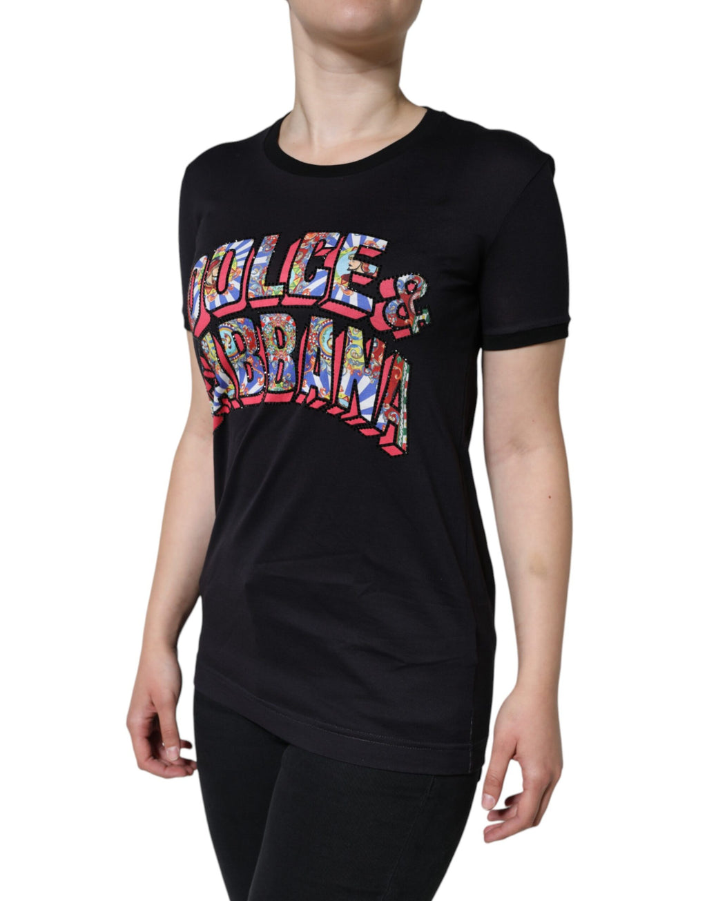 T-shirt noir en coton Dolce & Gabbana avec logo imprimé, col rond, vue de face.