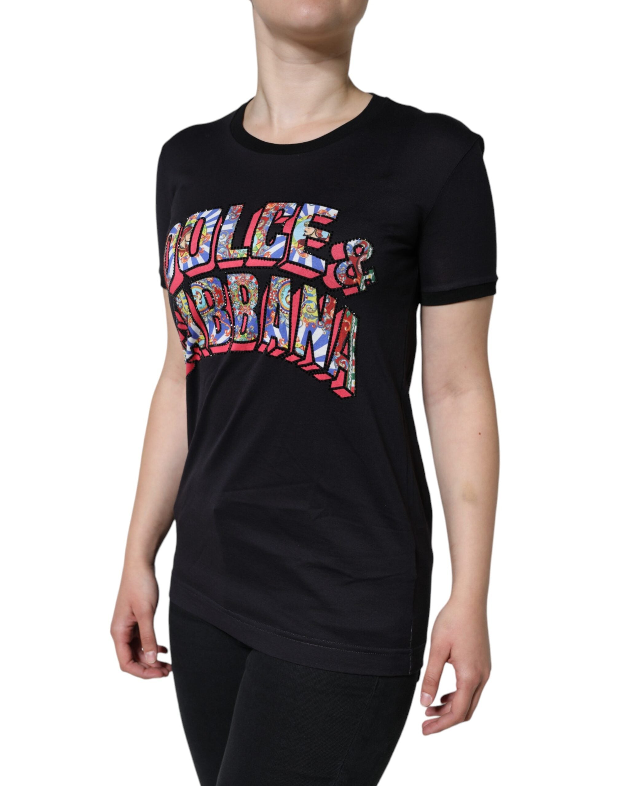 T-shirt noir en coton Dolce & Gabbana avec logo imprimé, col rond, vue de face.