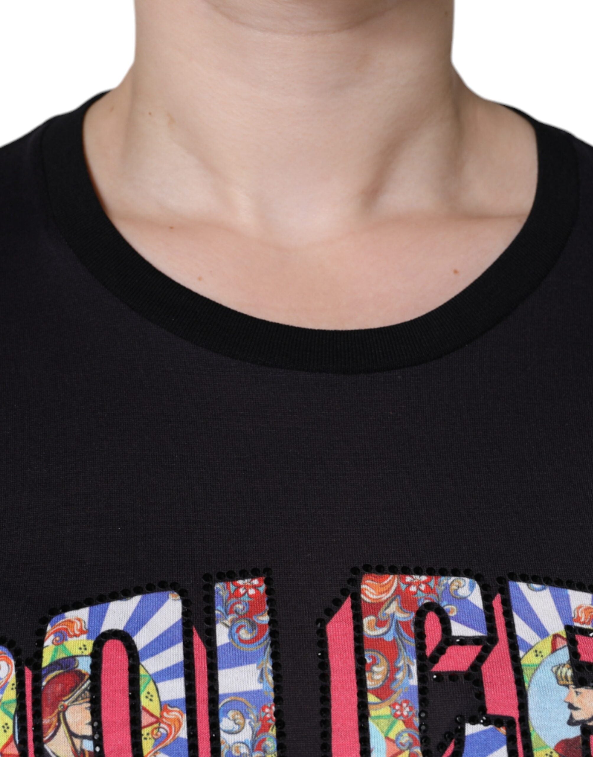 T-shirt noir en coton Dolce & Gabbana avec logo imprimé rond, col rond et style décontracté.