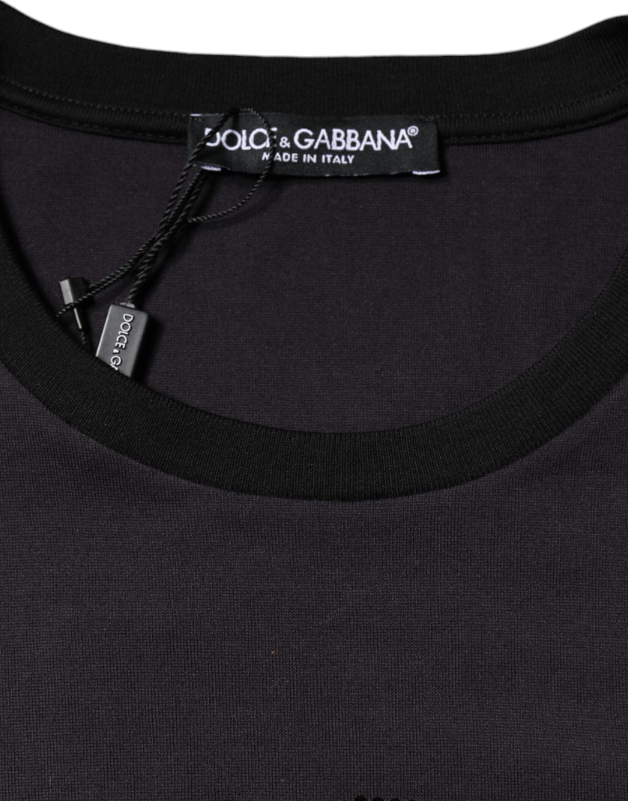 T-shirt noir en coton Dolce & Gabbana avec logo imprimé, col rond, vue de face.