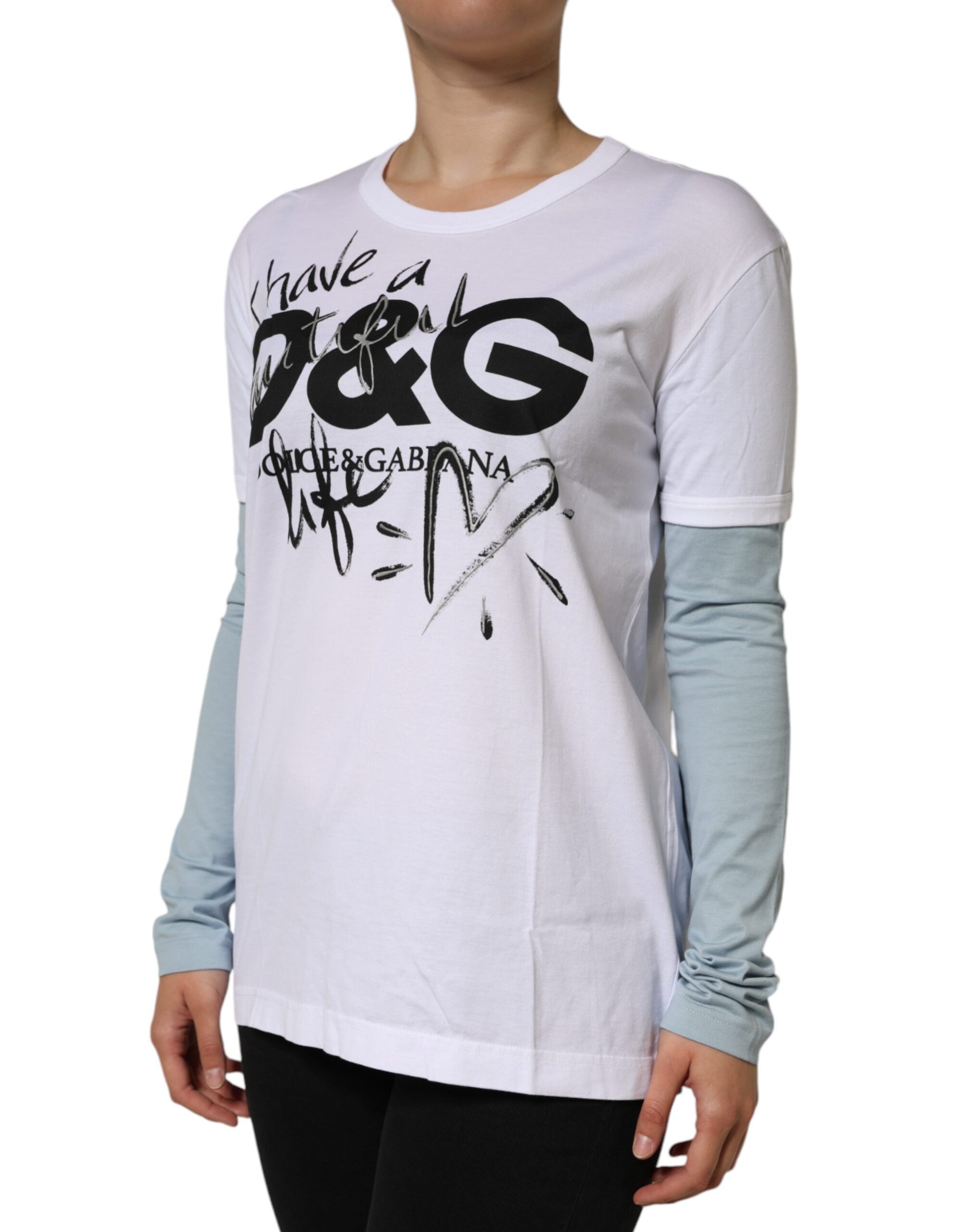T-shirt blanc en coton Dolce & Gabbana avec logo imprimé, col rond et design élégant visible sur l'image.