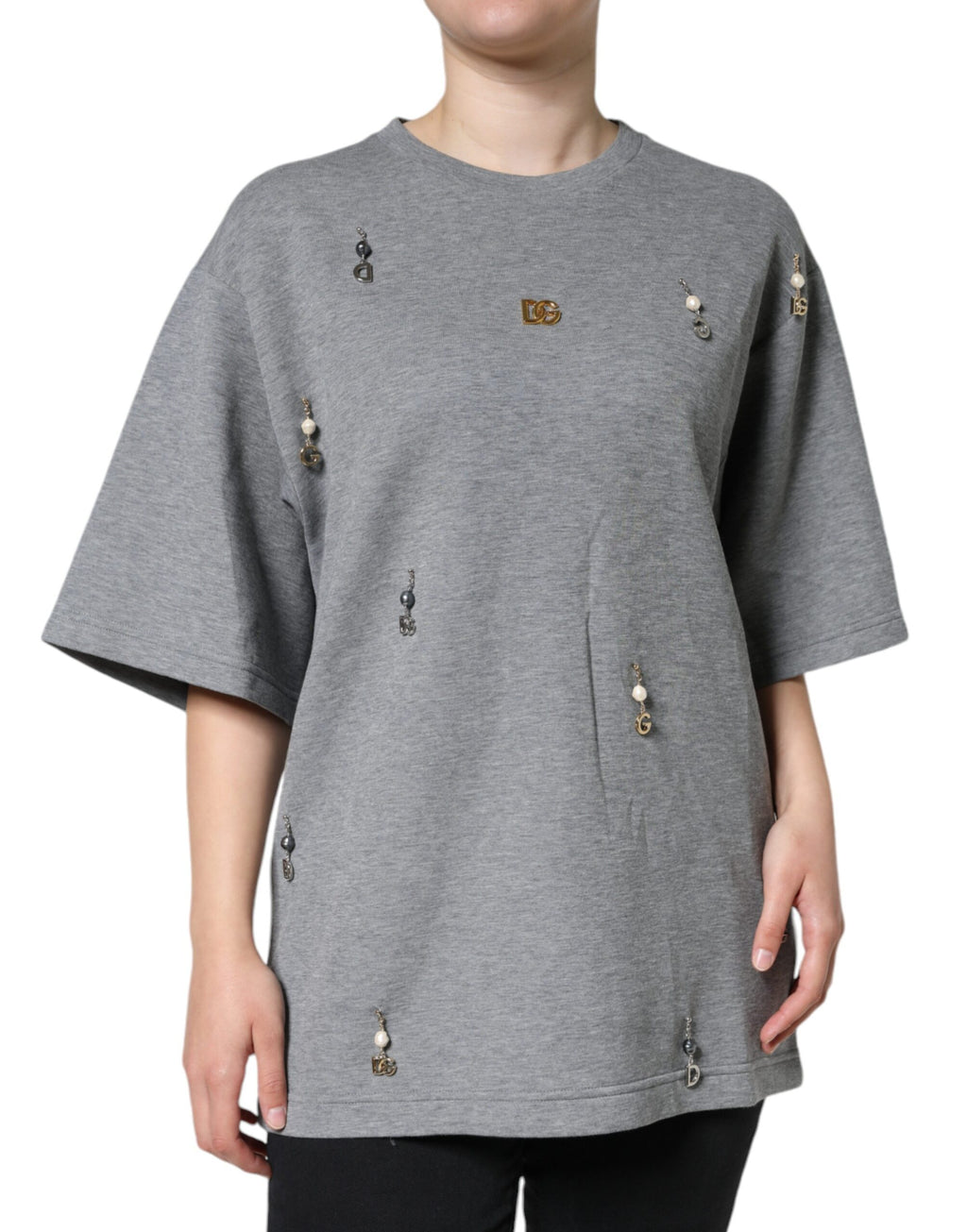 T-shirt Dolce & Gabbana en coton mélangé gris avec embellissements, vue de face, mode décontractée et élégante.