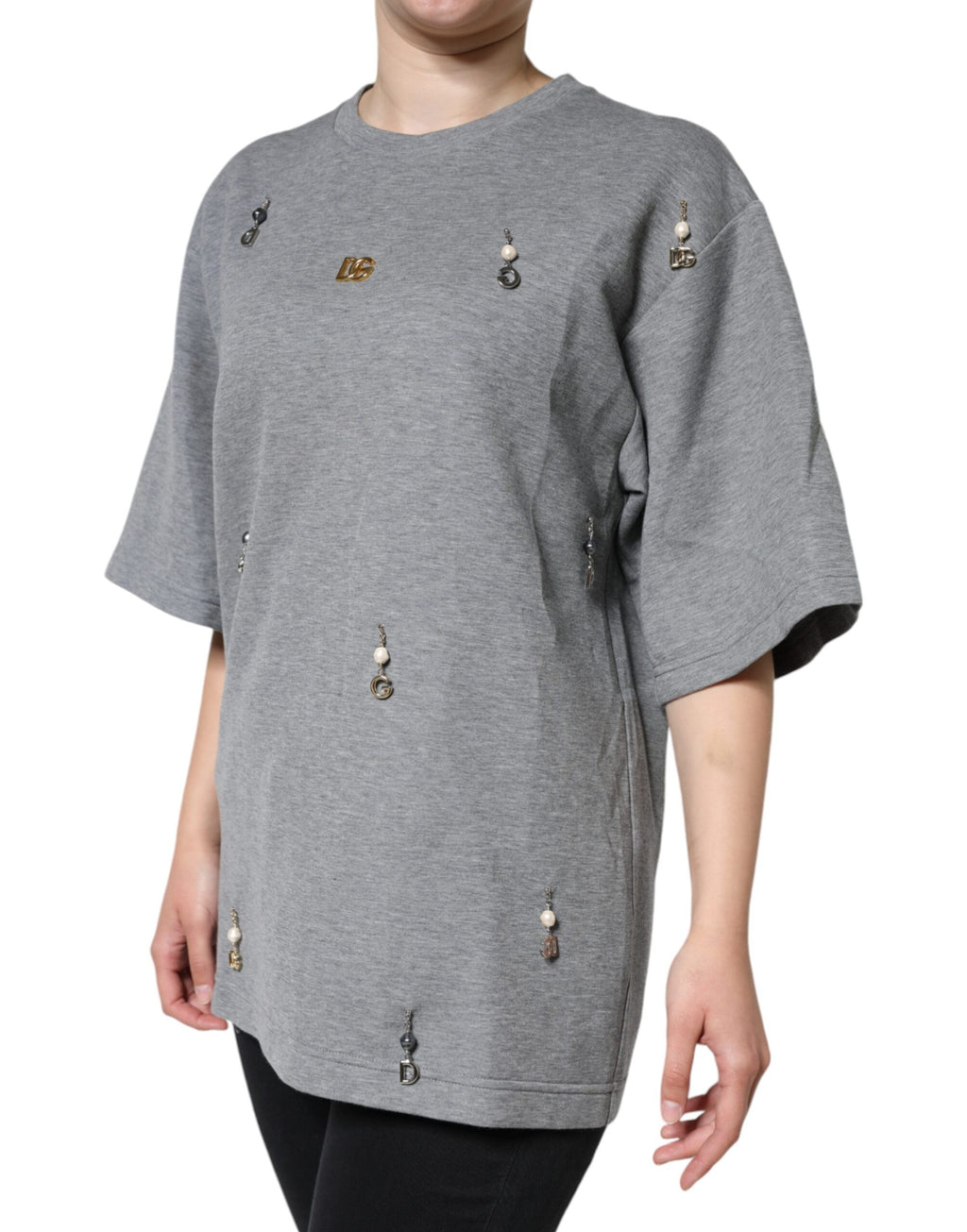 T-shirt gris en coton mélangé Dolce & Gabbana avec embellissements, vue de face.