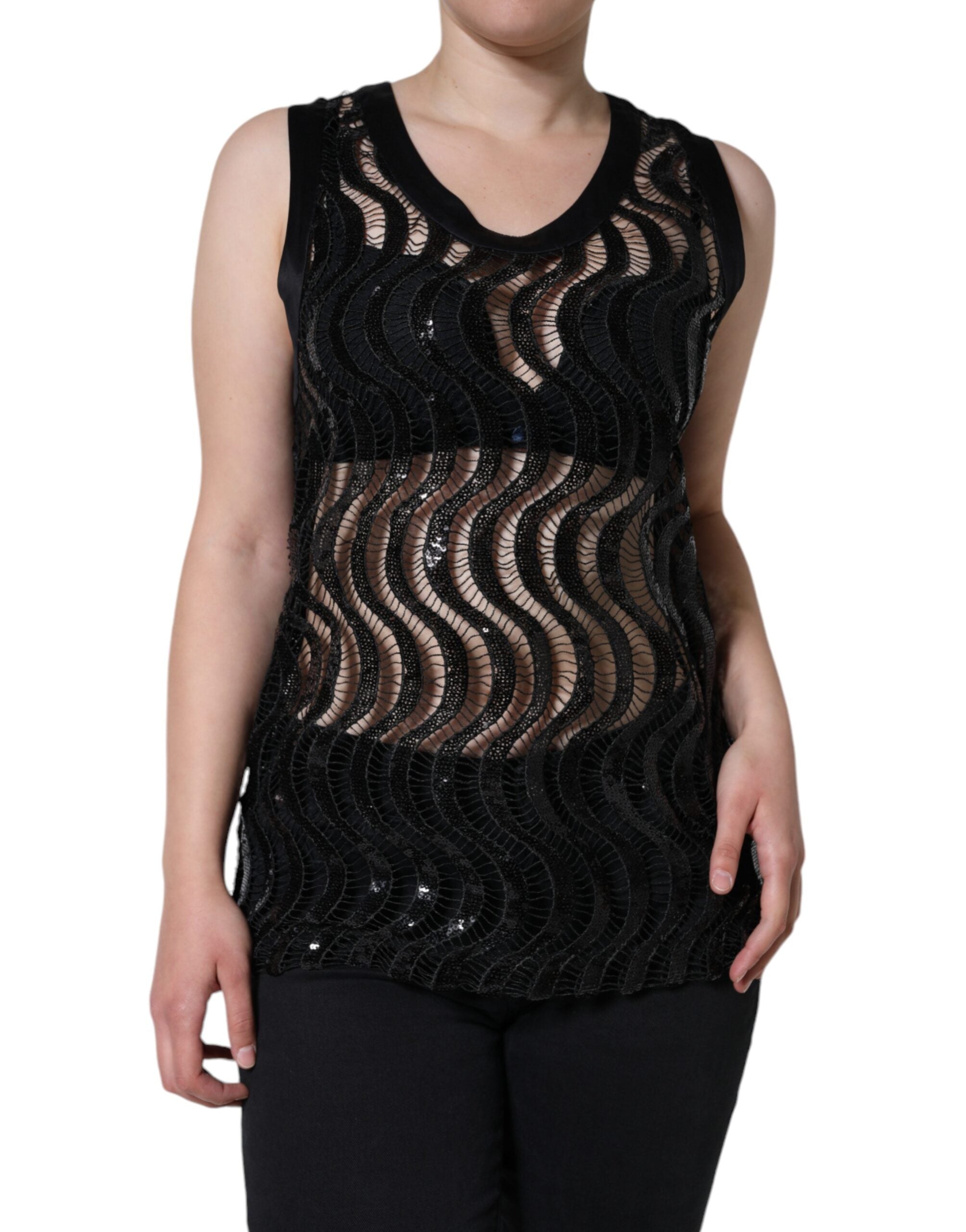 Haut sans manches de Dolce & Gabbana, blouse en sequins noirs, style élégant et sophistiqué, vu de face.