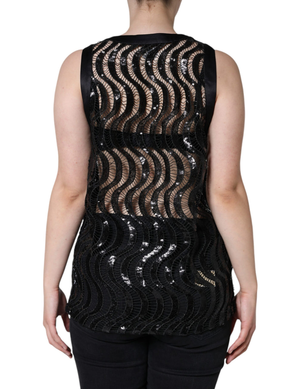 Top sans manches noir Dolce & Gabbana avec sequins, blouse élégante et brillante, vue de face.