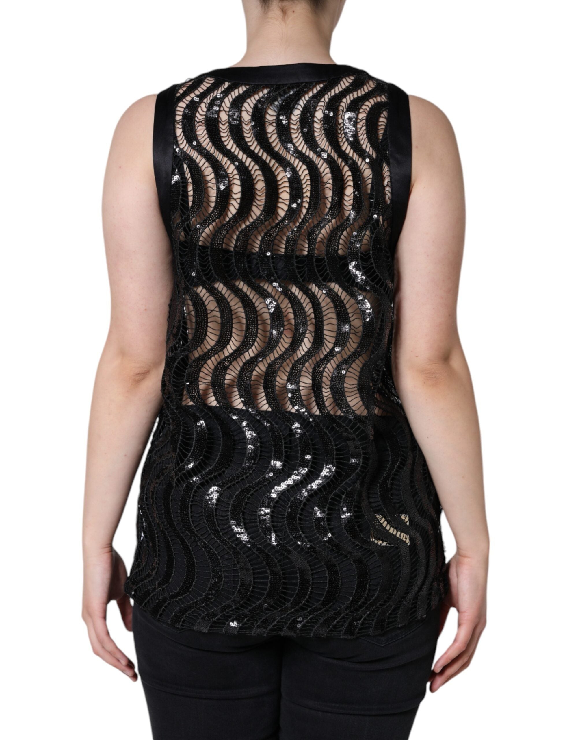 Top sans manches noir Dolce & Gabbana avec sequins, blouse élégante et brillante, vue de face.