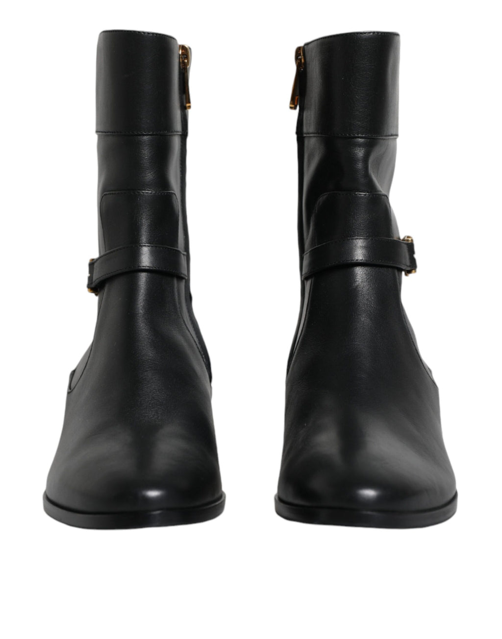Bottes mi-mollet en cuir noir Dolce & Gabbana avec logo, chaussures élégantes et modernes pour femmes.
