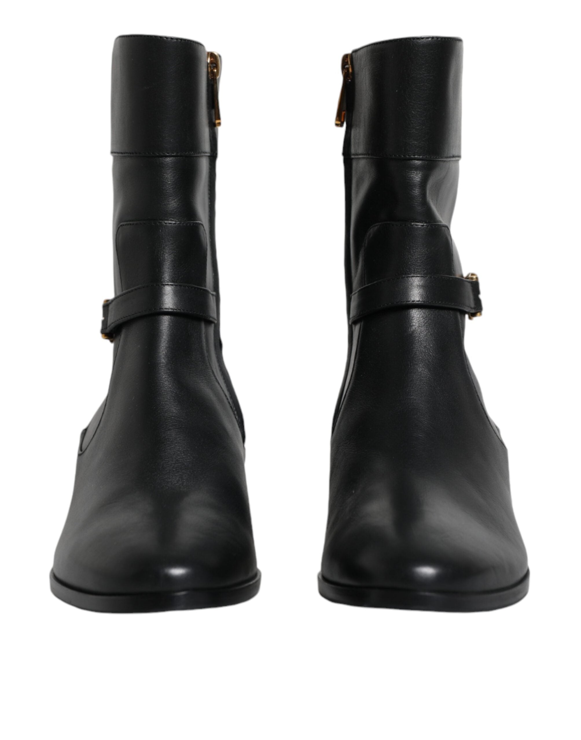 Bottes mi-mollet en cuir noir Dolce & Gabbana avec logo, chaussures élégantes et modernes pour femmes.
