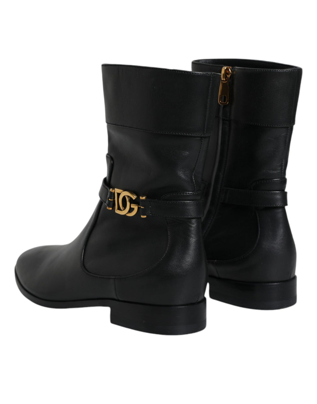 Bottes mi-mollet en cuir noir Dolce & Gabbana avec logo, style élégant et sophistiqué, vue de côté sur une surface neutre.