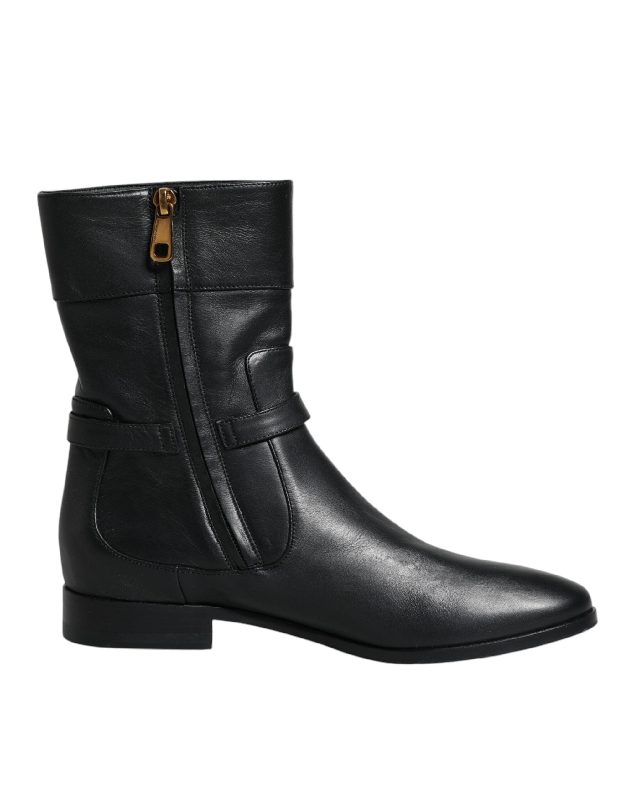 Bottes mi-mollet en cuir noir avec logo Dolce & Gabbana, chaussures élégantes pour femmes.