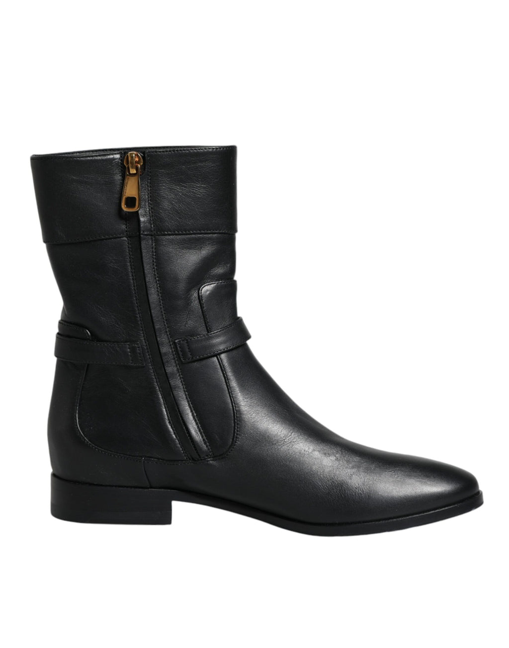 Bottes mi-mollet en cuir noir Dolce & Gabbana avec logo, chaussures élégantes et sophistiquées.