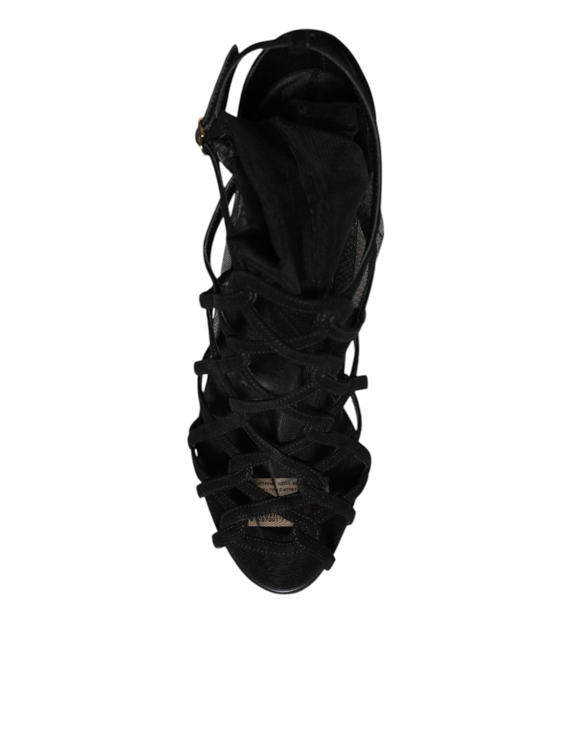 Sandales à talons noirs en tulle extensible Dolce & Gabbana, élégantes et sophistiquées, vues en gros plan.