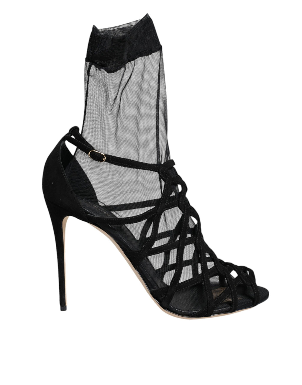 Sandales à talons en tulle noir Dolce & Gabbana, chaussures élégantes à talons stretch, visibles sur l'image.