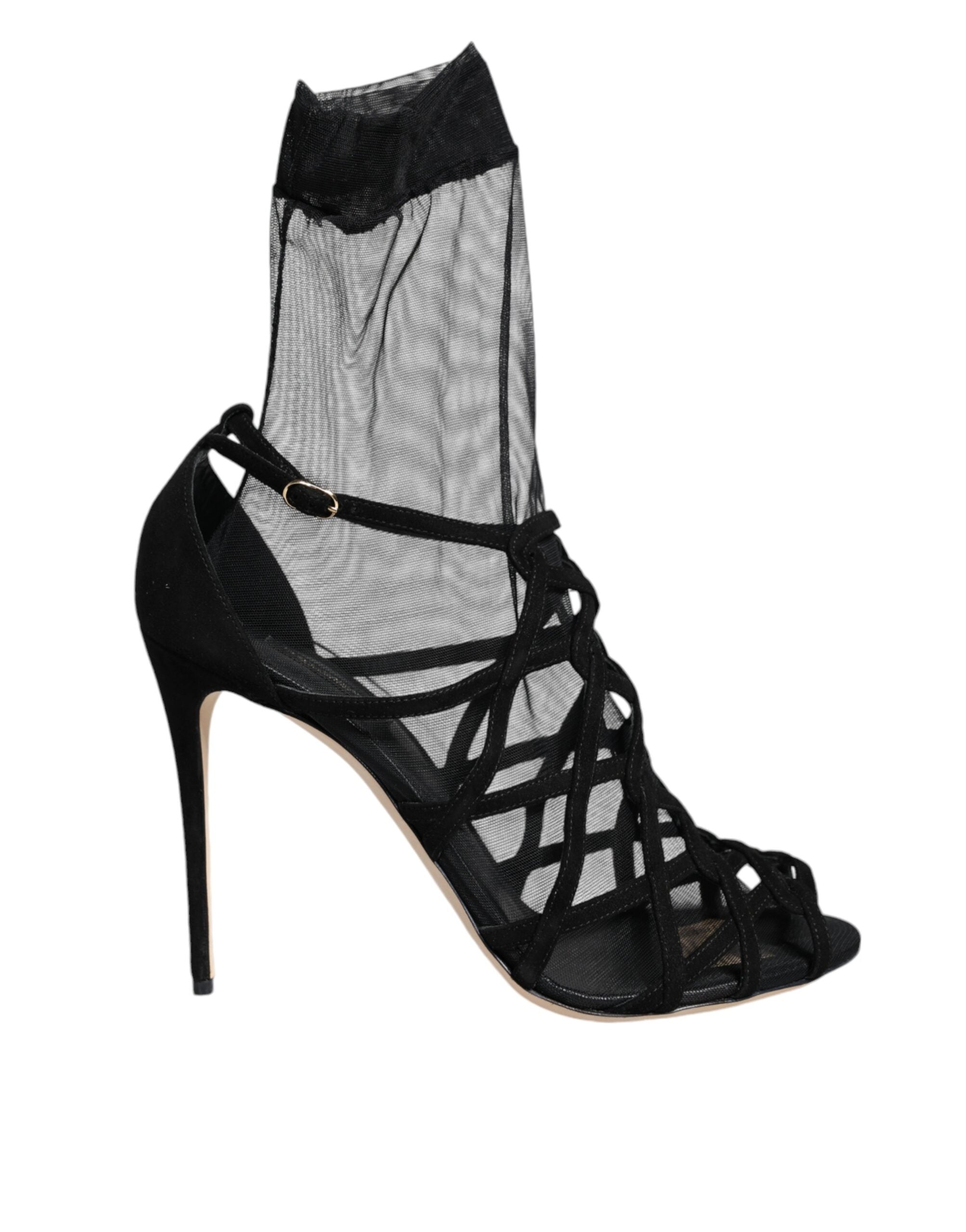 Sandales à talons en tulle noir Dolce & Gabbana, chaussures élégantes à talons stretch, visibles sur l'image.