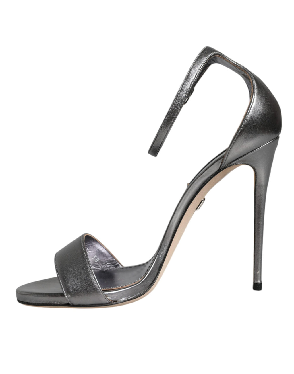 Sandales à talons Dolce & Gabbana KEIRA en argent avec bride à la cheville, vue de côté.