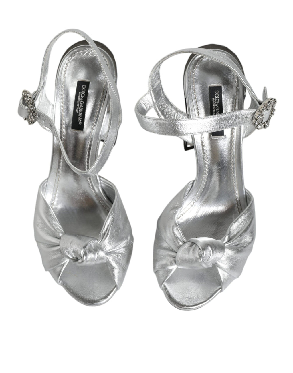 Sandales à talons Dolce & Gabbana KEIRA en miroir argenté, chaussures élégantes avec design sophistiqué et finition brillante.