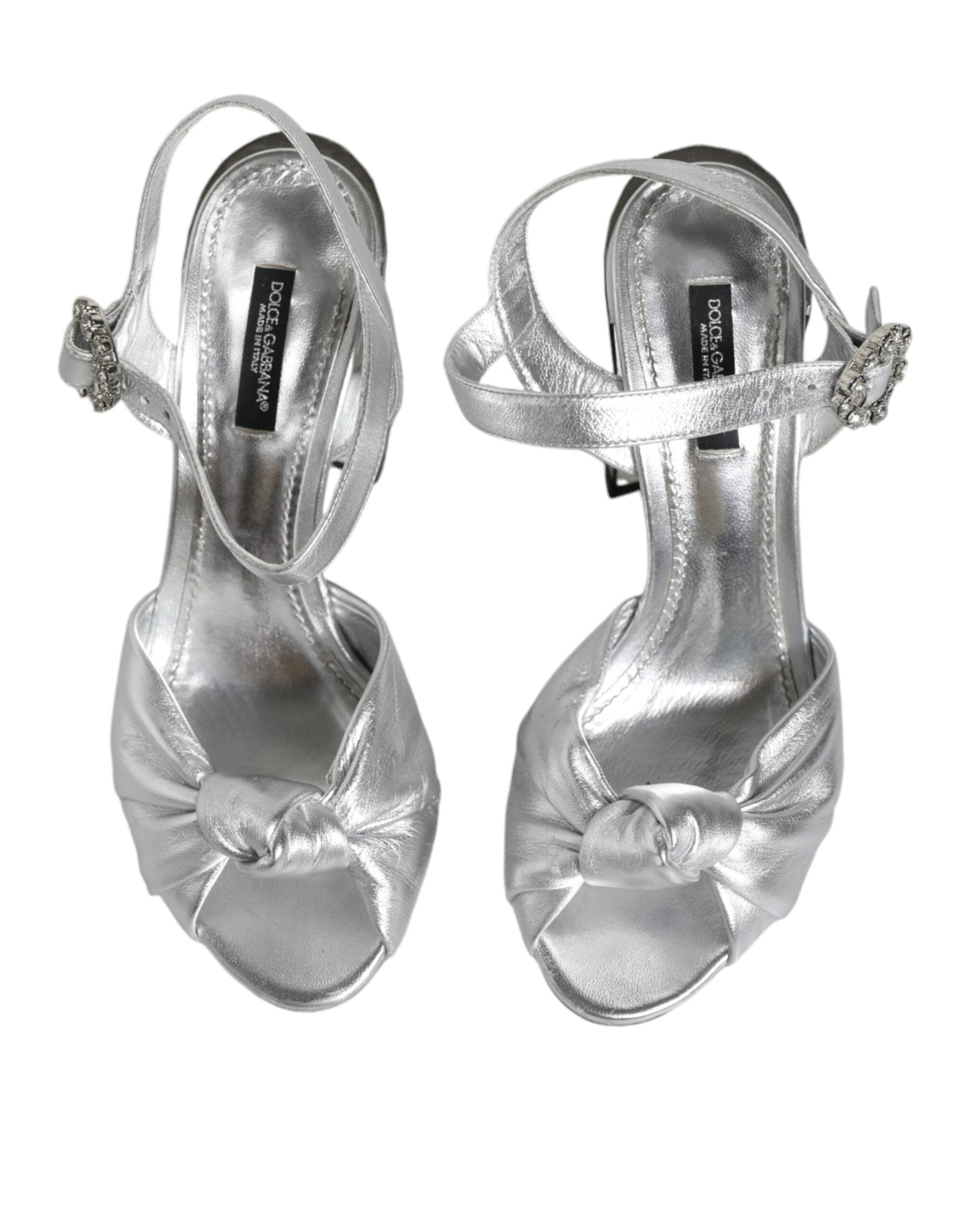 Sandales à talons Dolce & Gabbana KEIRA en miroir argenté, chaussures élégantes avec design sophistiqué et finition brillante.