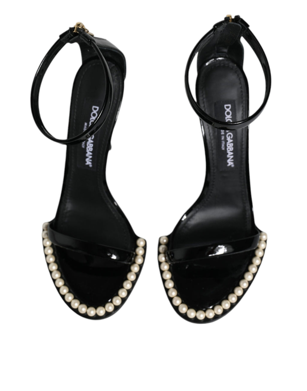 Sandales à talons noires Dolce & Gabbana Keira en cuir avec fausses perles, élégantes chaussures à talons pour femmes