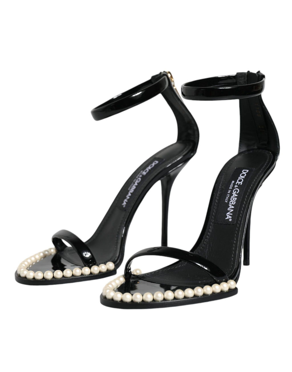 Sandales à talons noires Dolce & Gabbana Keira en cuir avec perles faux, vue de côté.