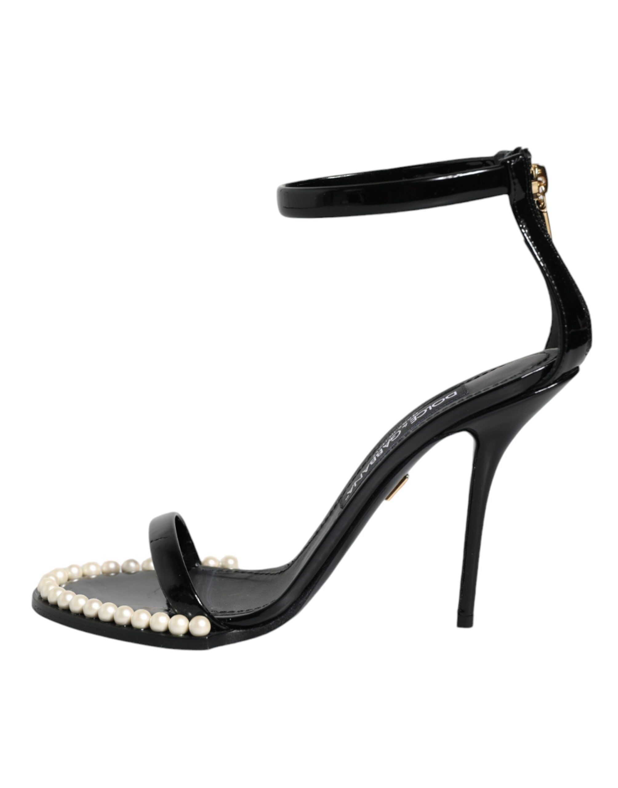 Sandales à talons noires Dolce & Gabbana Keira en cuir avec perles synthétiques, style élégant et sophistiqué.
