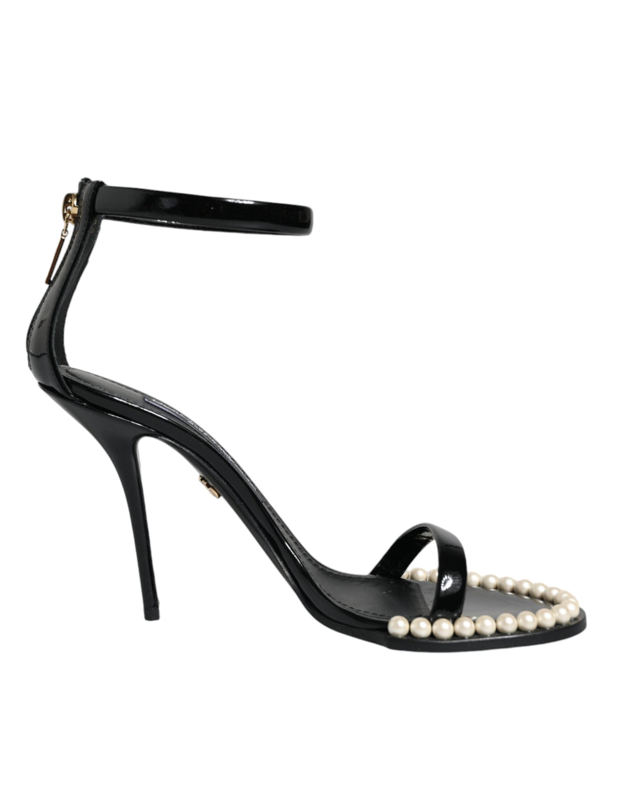 Sandales à talons Dolce & Gabbana Keira en cuir noir avec perles factices, chaussures élégantes et sophistiquées.