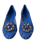 Chaussures ballerines Dolce & Gabbana en dentelle bleue avec cristaux, confortables et élégantes pour femmes.