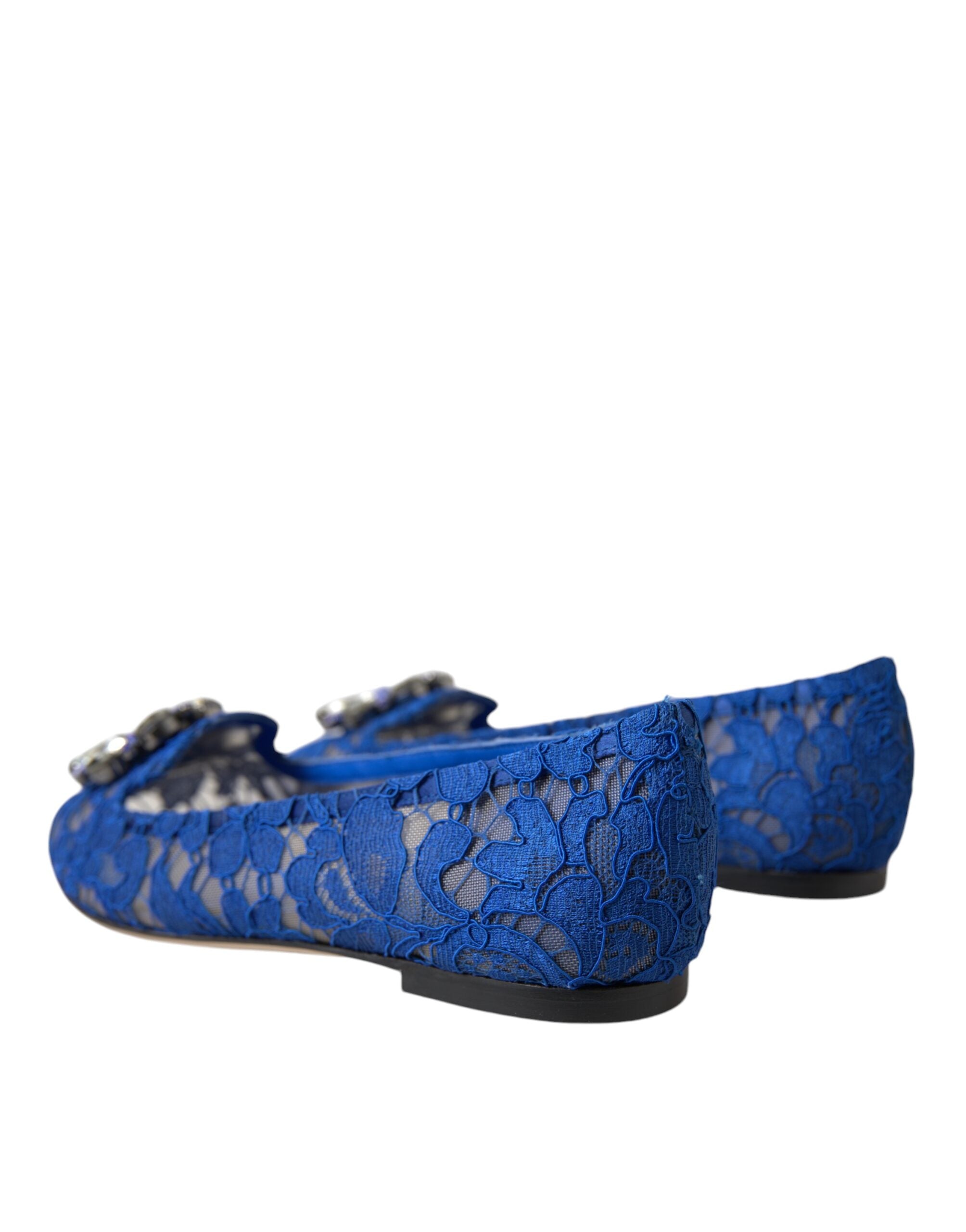 Chaussures ballerines en dentelle bleue Dolce & Gabbana avec cristaux, élégantes mocassins en satin pour femme.