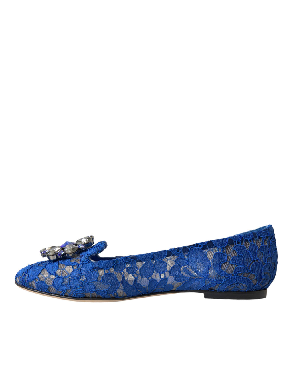 Chaussures ballerines en dentelle bleue Dolce & Gabbana avec cristaux, élégantes et confortables pour femmes.