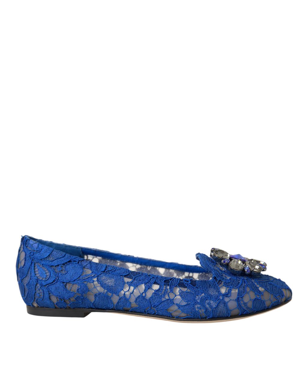Chaussures ballerines en dentelle bleue Dolce & Gabbana avec cristaux, élégantes mocassins en cuir pour femmes.