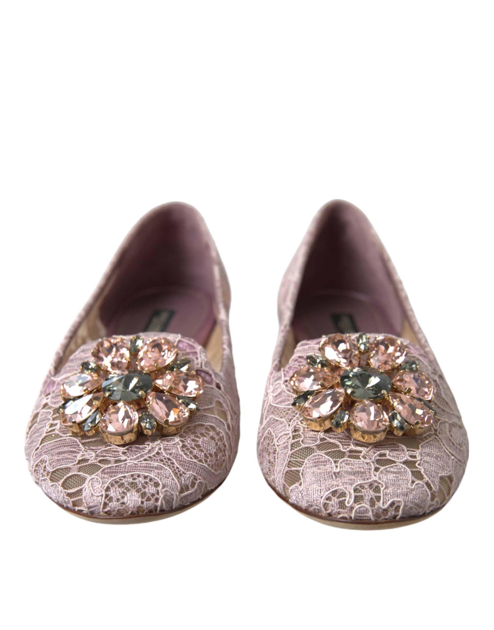 Chaussures ballerines en dentelle rose Dolce & Gabbana avec cristaux, chaussures élégantes en satin pour femme.