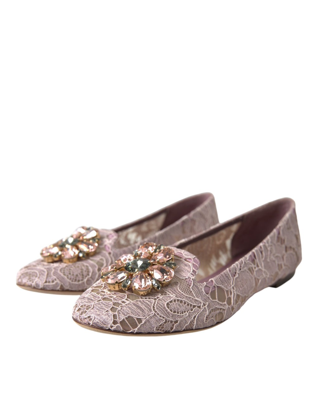 Chaussures ballerines Dolce & Gabbana en dentelle rose avec cristaux, confortables et élégantes pour femme.