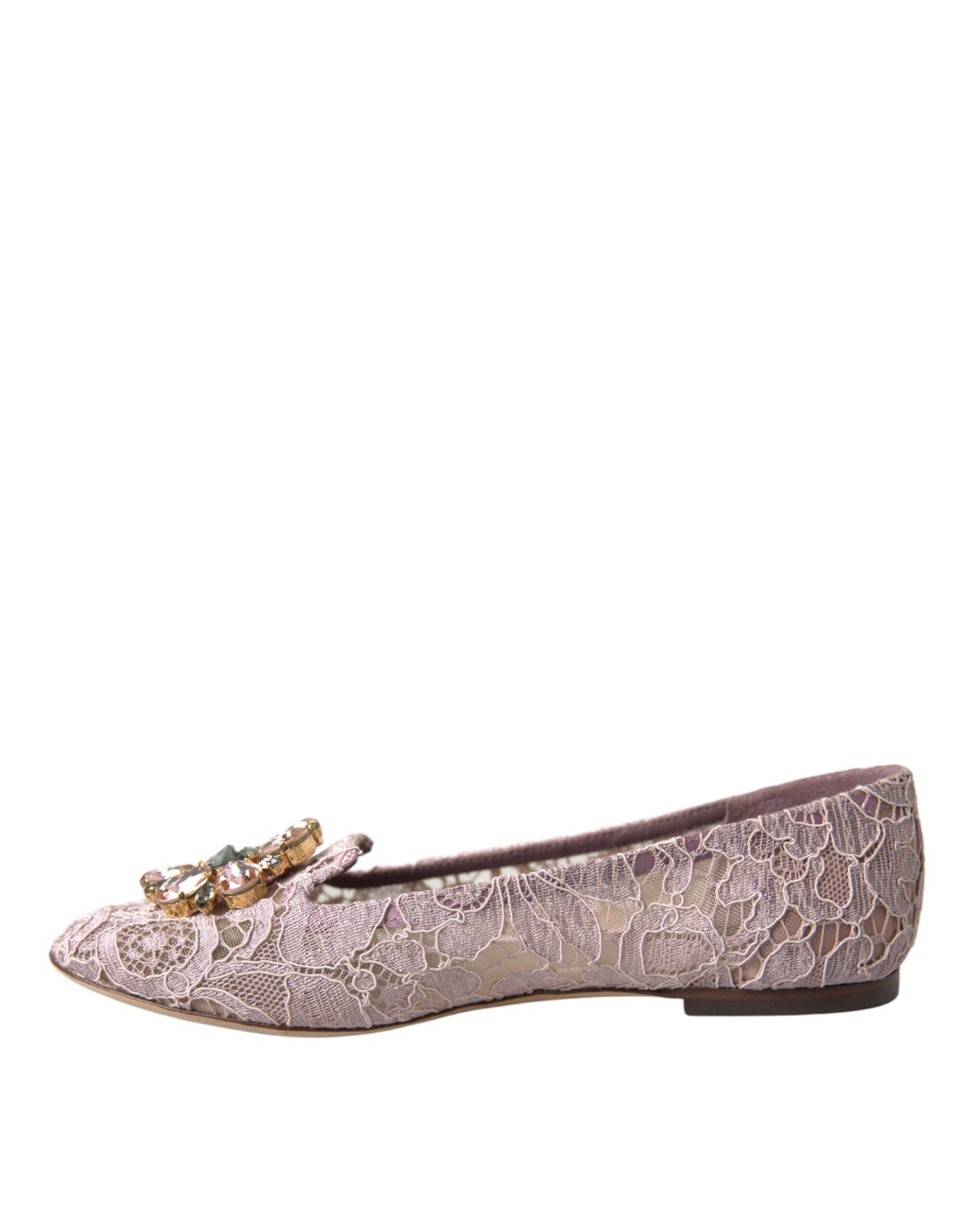 Chaussures ballerines en dentelle rose Dolce & Gabbana avec cristaux, élégantes et confortables, pour un style sophistiqué.