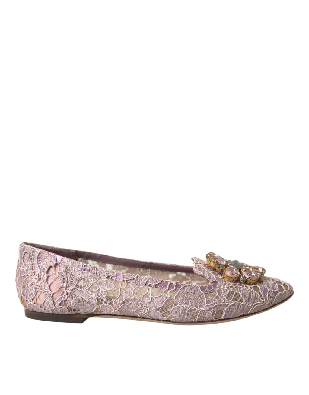 Chaussures ballerines en dentelle rose Dolce & Gabbana avec cristaux, semelle en cuir, élégantes et féminines.