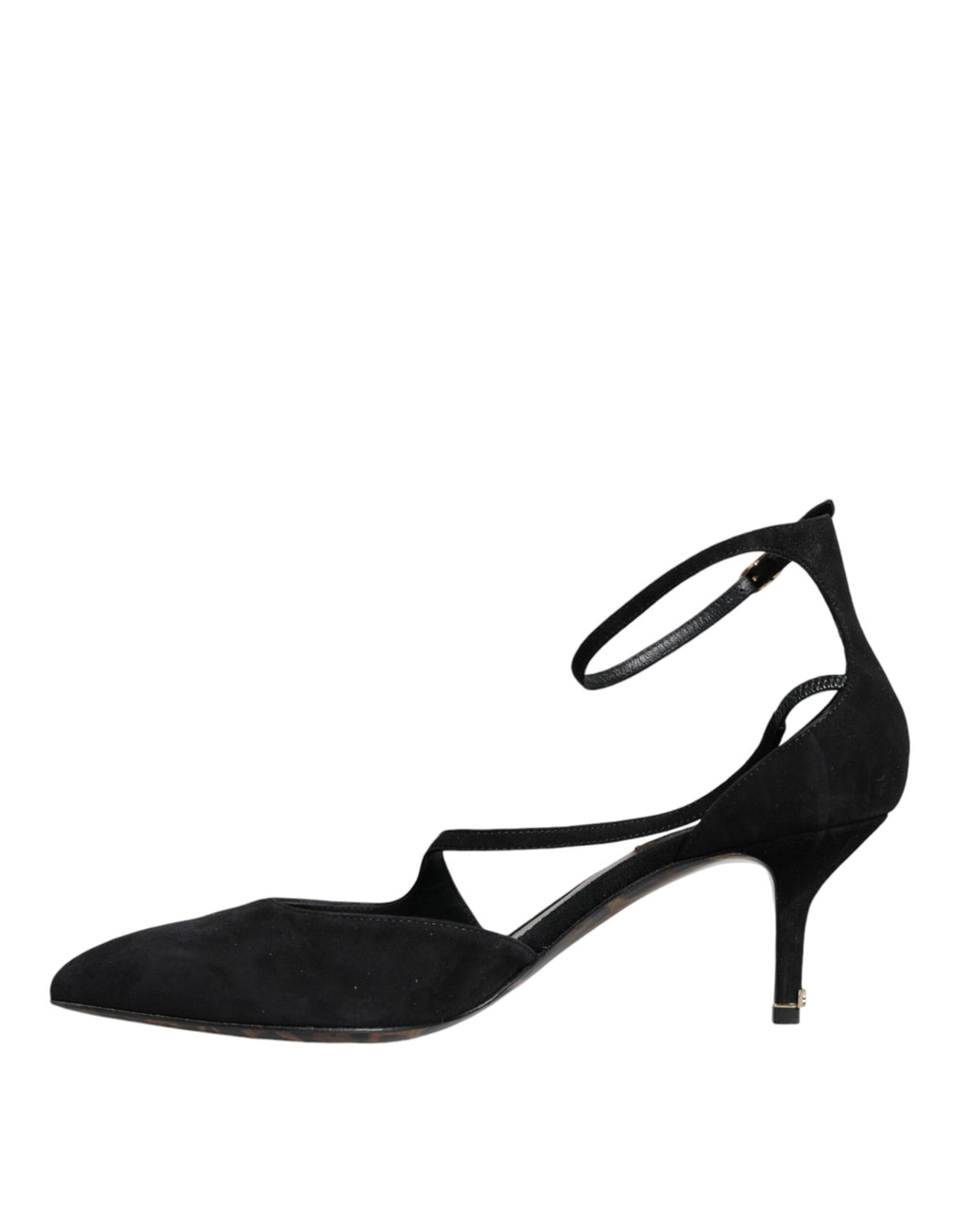 Chaussures à talons Dolce & Gabbana en daim noir avec bride à la cheville et talons stiletto, vues de face.