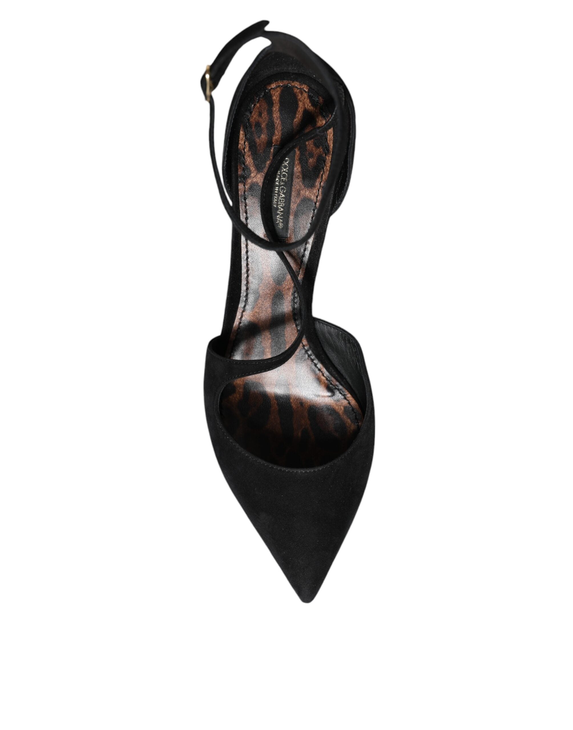 Escarpins à talons en daim noir avec bride à la cheville de la marque Dolce & Gabbana, vue de côté.