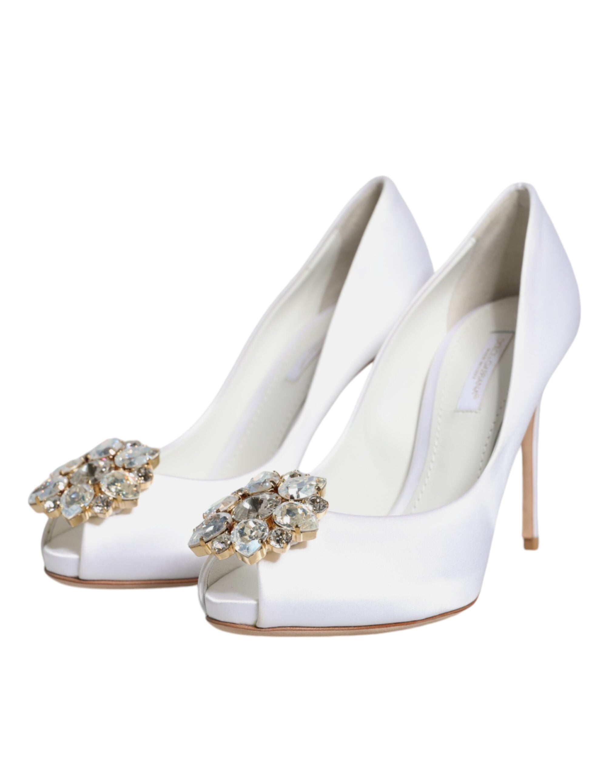 Escarpins en satin blanc Dolce & Gabbana avec cristaux, style à bout ouvert peep toe, chaussures élégantes et sophistiquées