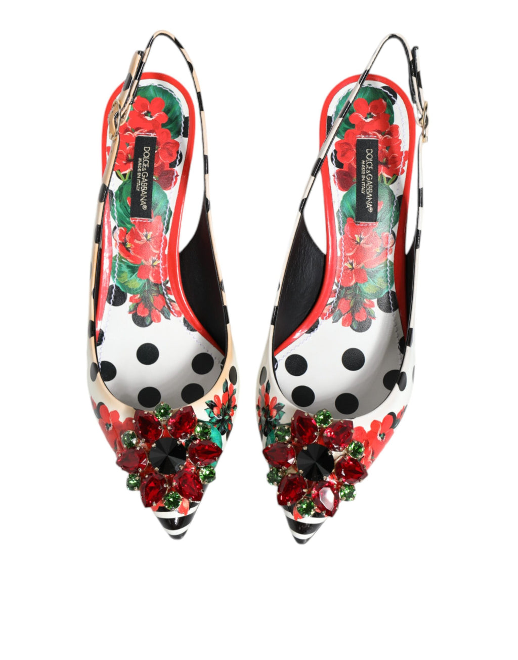 Chaussures à talons Dolce & Gabbana multicolores avec cristaux, style slingback élégant et sophistiqué.