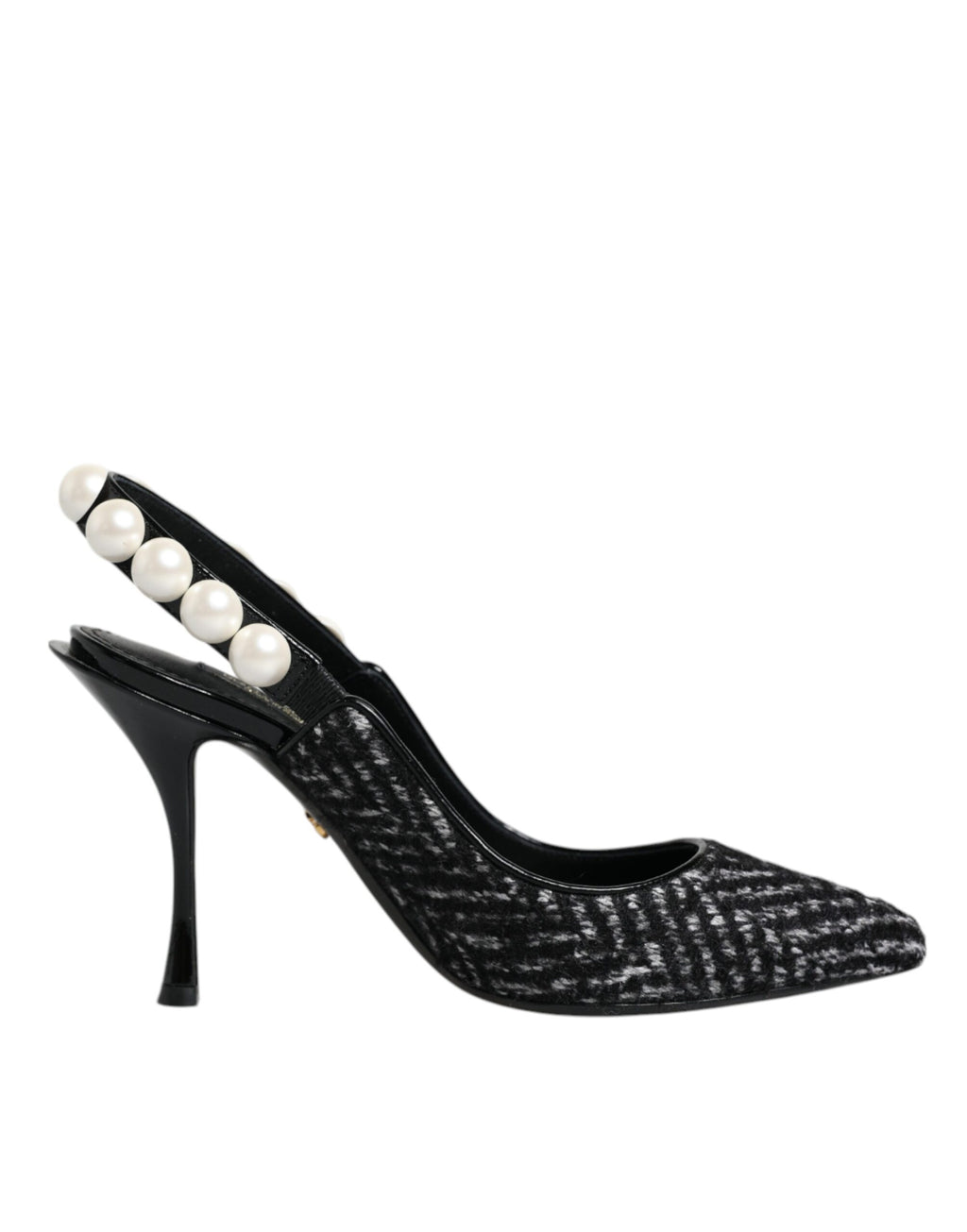 Chaussures à talons slingback Dolce & Gabbana blanches et noires avec motif Chevron et perles en faux perles.