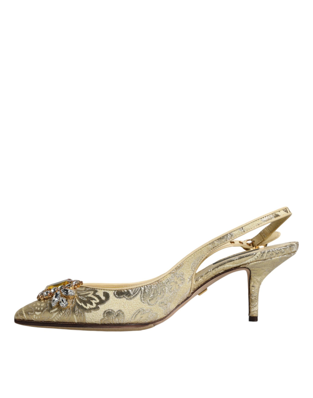 Chaussures à talons Dolce & Gabbana en or avec cristaux, escarpins slingbacks élégants pour femmes.