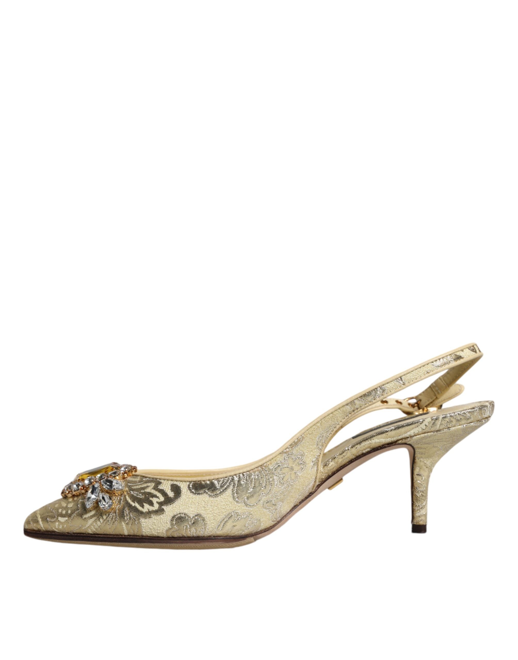 Chaussures à talons Dolce & Gabbana en or avec cristaux, escarpins slingbacks élégants pour femmes.