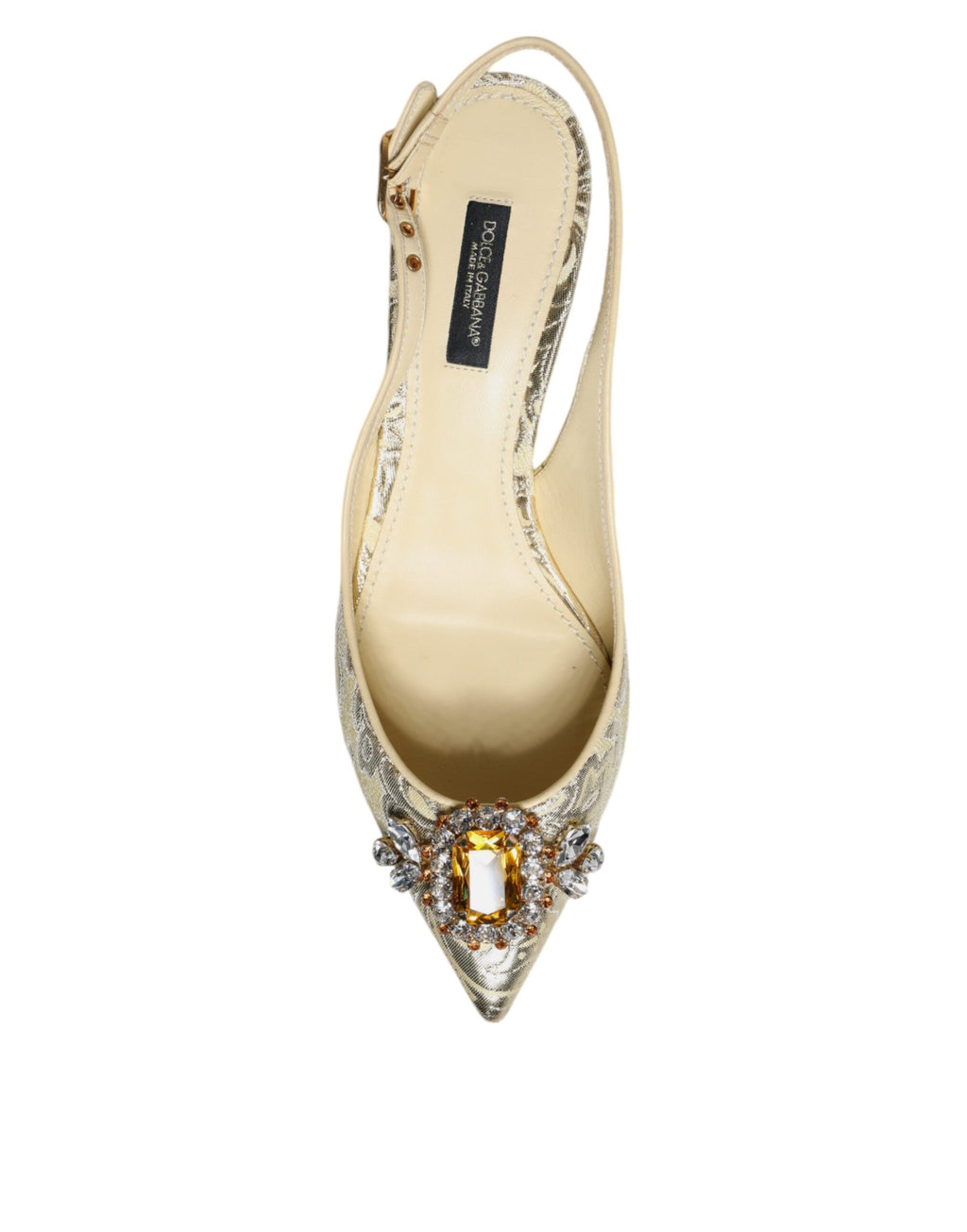 Escarpins Dolce & Gabbana dorés en cristal, talons hauts, style slingbacks, chaussures élégantes pour femme.
