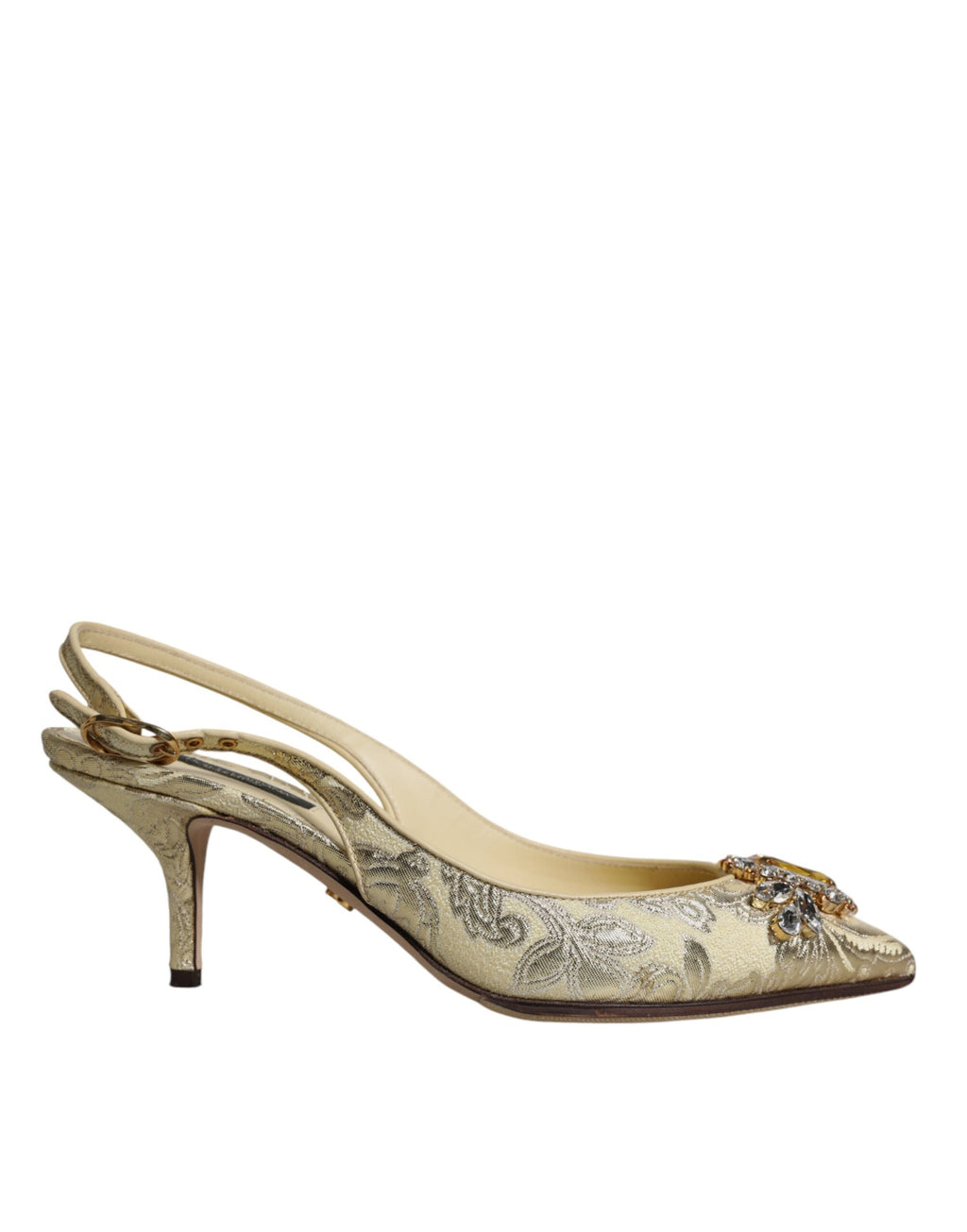 Chaussures Dolce & Gabbana à talons dorés avec cristaux, sandales à talons ouverts et bride arrière, élégantes et sophistiquées.