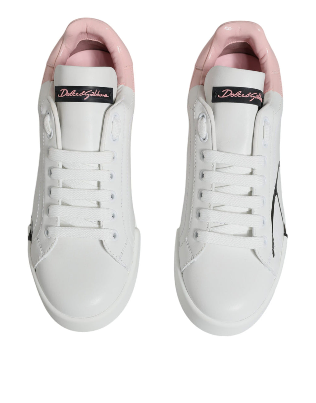 Chaussures basses blanches et roses Dolce & Gabbana Portofino, sneakers élégants en toile avec semelle blanche.